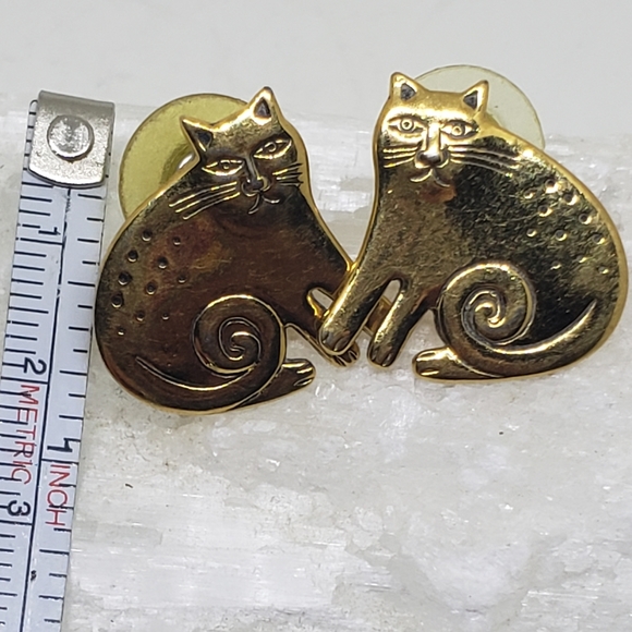 Vintage Laurel Burch Keshire cats gold tone stud earring pierced ears - Picture 4 of 5
